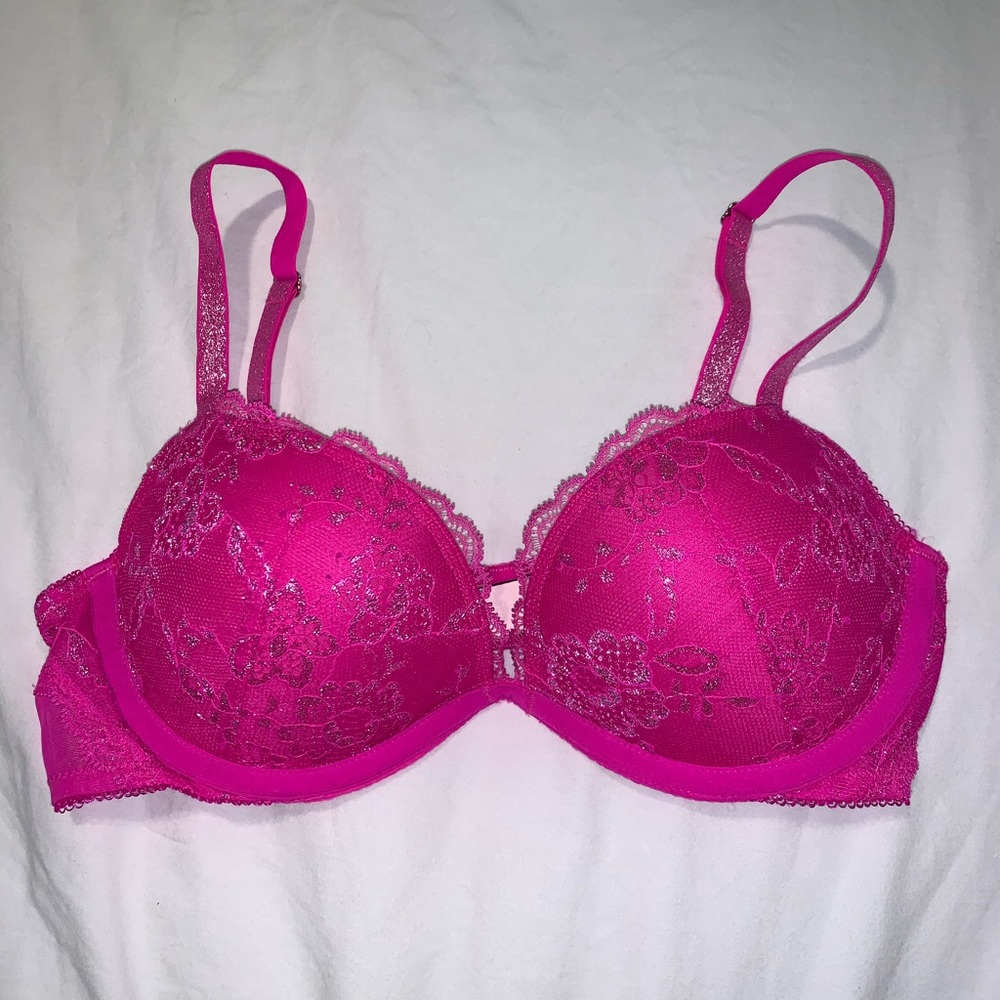 VICTORIAS SECRET hot pink&silver lace push up bra
